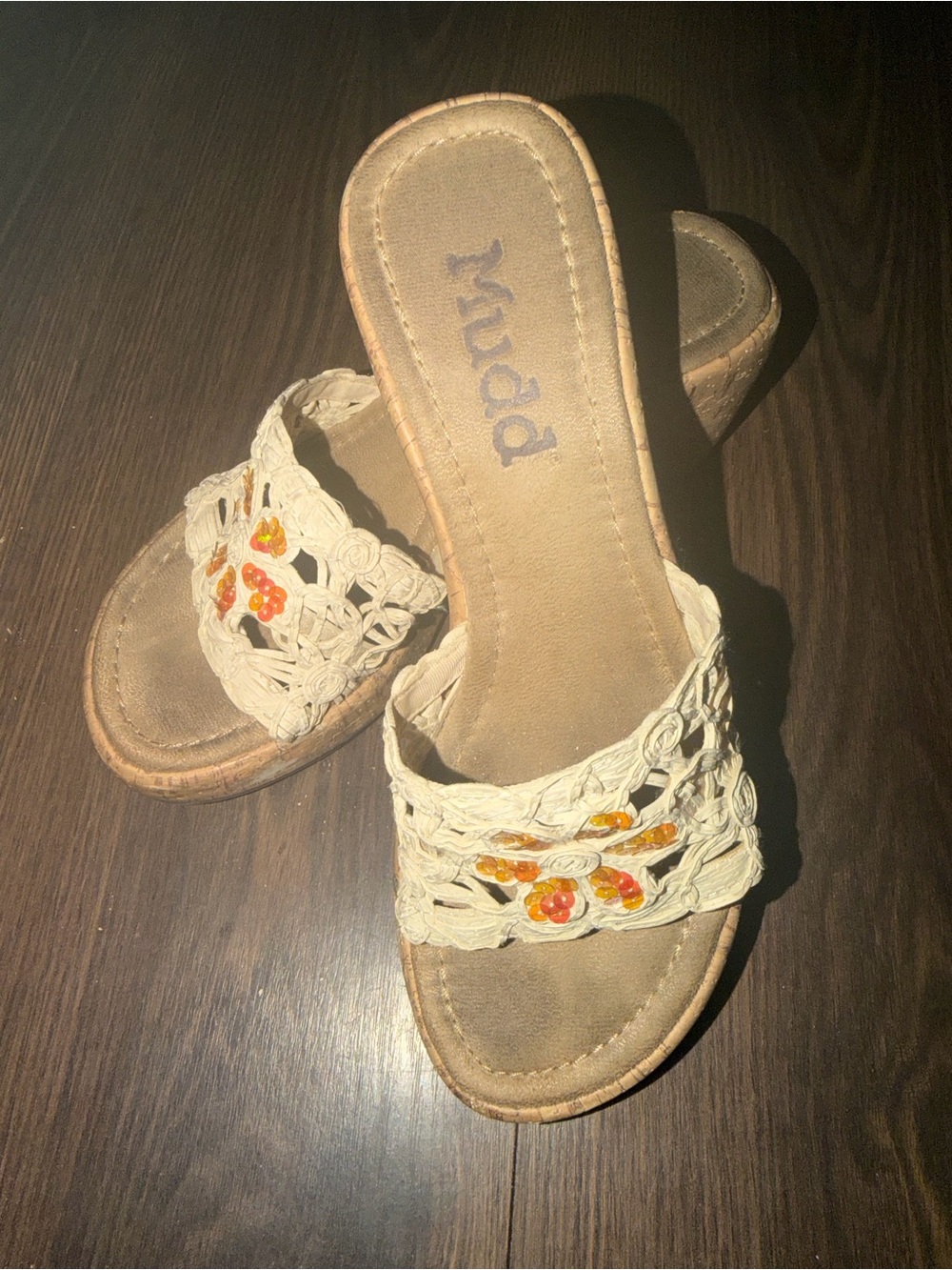 Vintage MUDD Wedge Sandals 7  1/2  Flower Sequined Cork Chunky Platform Y2K Club
